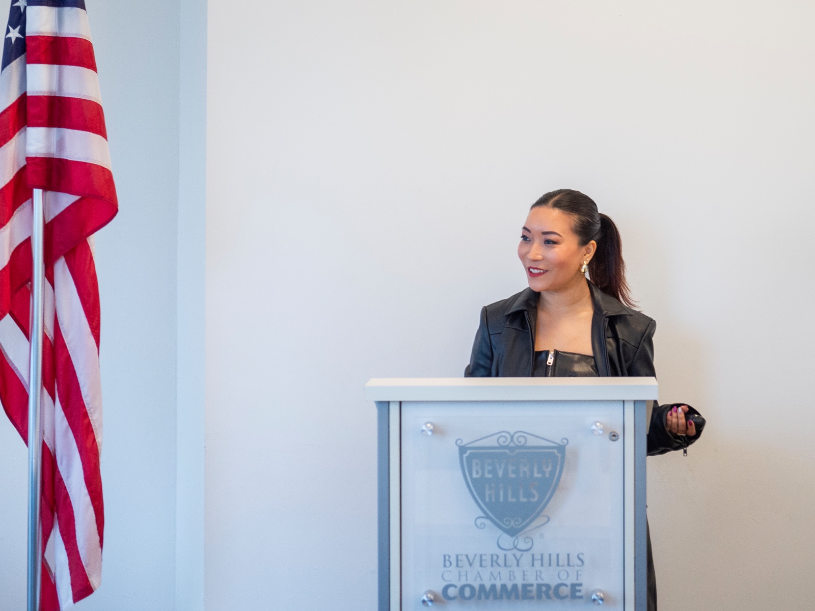 Sujata speaking at the Beverly Hills Chamber of Commerce